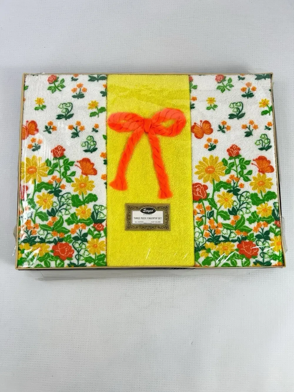 Vintage MCM Floral Groovy Yellow Orange Green Hand Towel Set Sayco USA READ